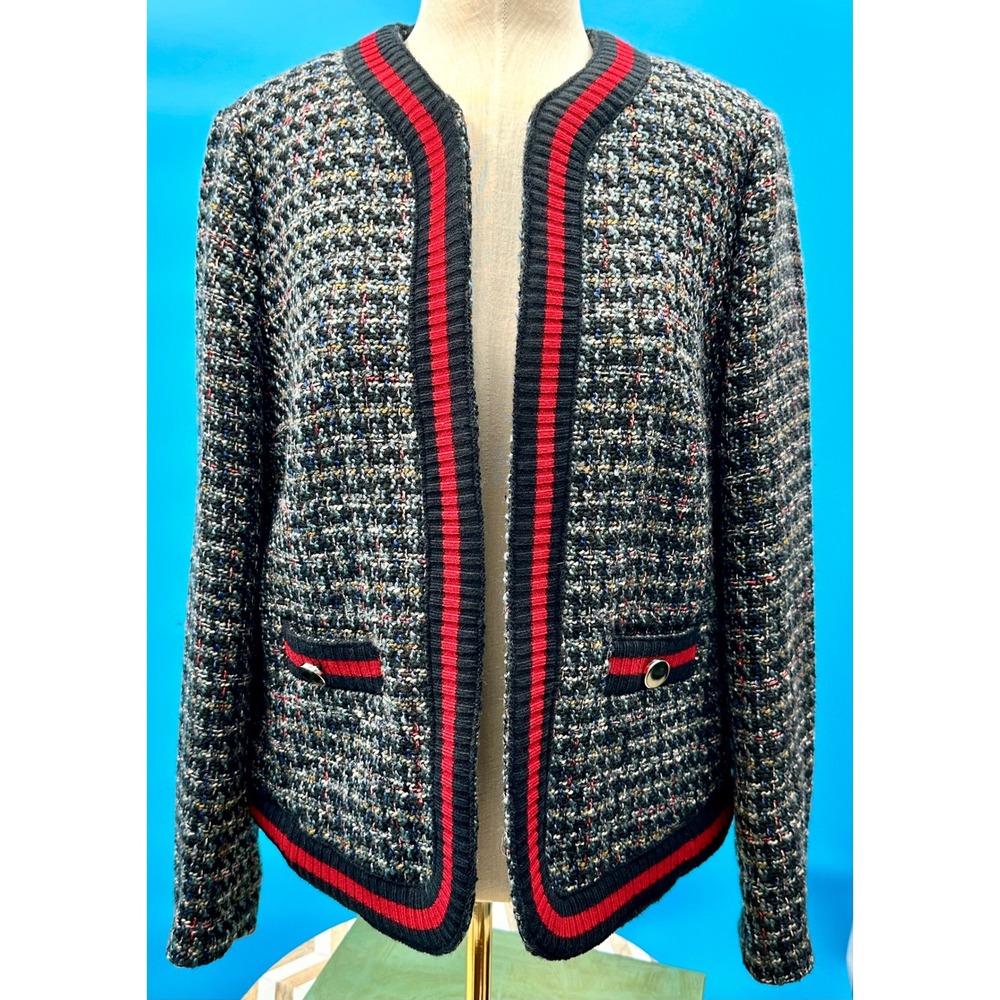 Anne Klein NWT Tweed Open Front Jacket Navy Black Red Novelty Trim Size 12